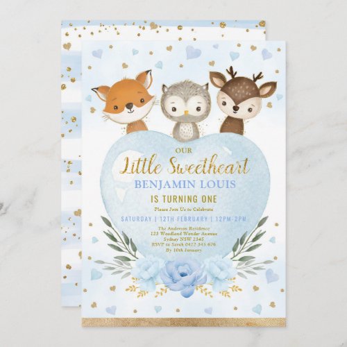 Cute Blue Gold Woodland Sweetheart 1st Birthday Invitation