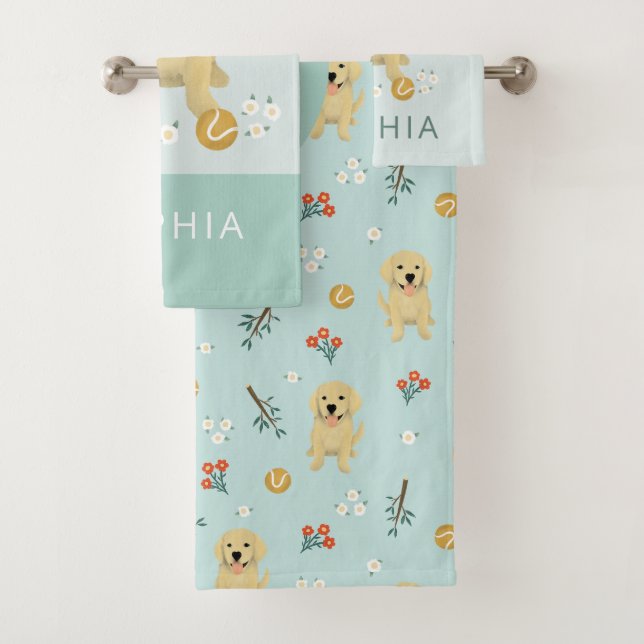 Cute Blue Golden Retriever Dog Monogram Bath Towel Set (Insitu)