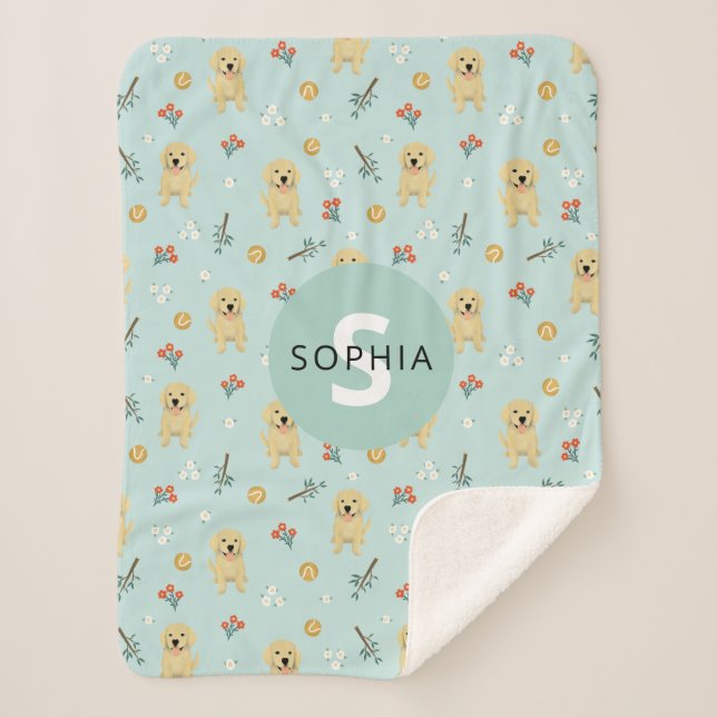 Cute Blue Golden Retriever Dog Monogram Kids Sherpa Blanket (Front)