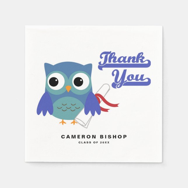Cute Blue Graduate Owl with Diploma Graduation Napkins (Front)