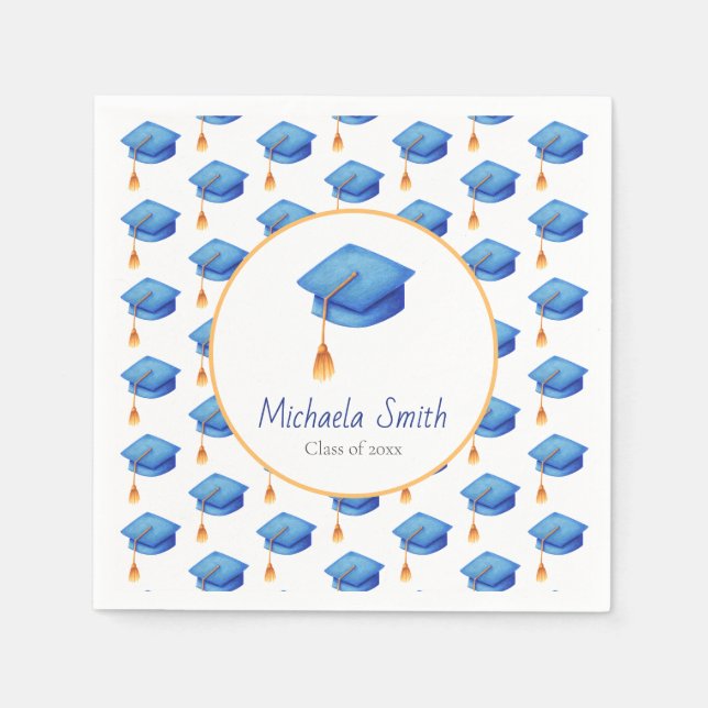 Cute Blue Graduation Cap Personalized Graduation Napkins (Front)