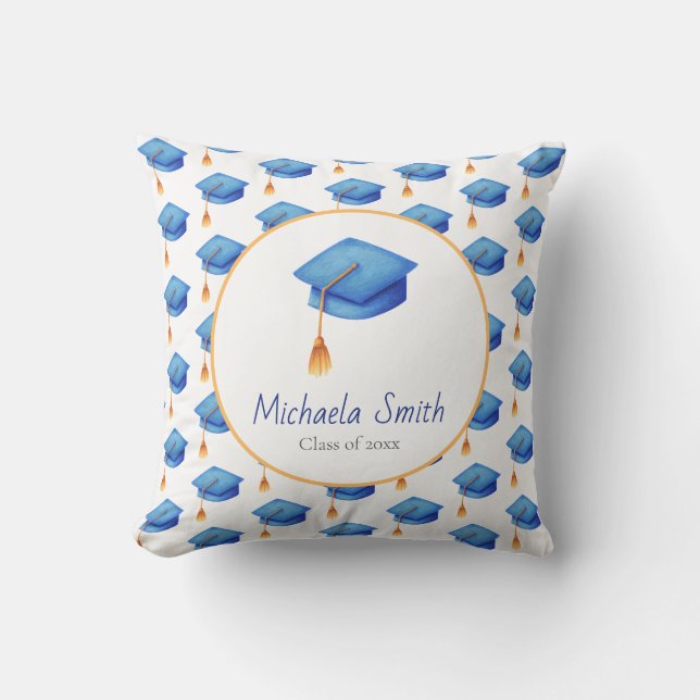 Cute Blue Graduation Cap Personalized Graduation Throw Pillow (Front)
