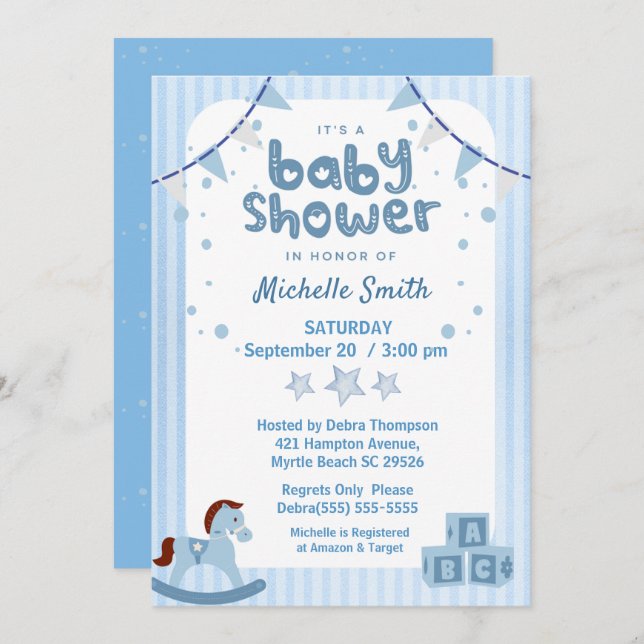 Cute Blue Graphic Boys Toys Baby Shower Invitation (Front/Back)