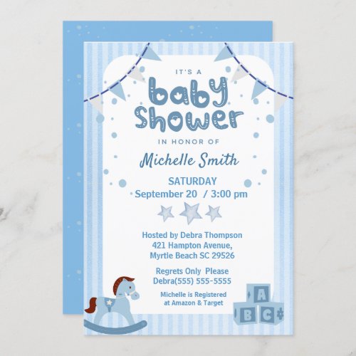 Cute Blue Graphic Boys Toys Baby Shower Invitation