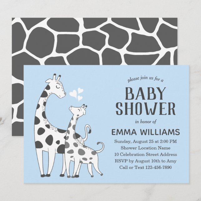 Cute Blue Gray Animal Giraffe Boy Baby Shower Invitation (Front/Back)
