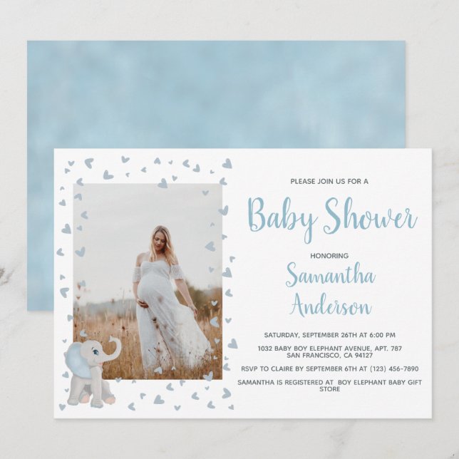 Cute Blue Gray Baby Elephant Watercolor Photo  Invitation (Front/Back)