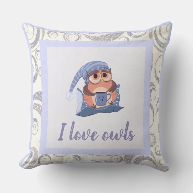Cute Blue Gray Baby Owl Cap Cute Love Animal Throw Pillow (Front)