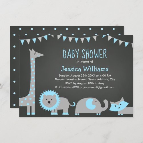 Cute Blue Gray Black Chalkboard Animal Baby Shower Invitation