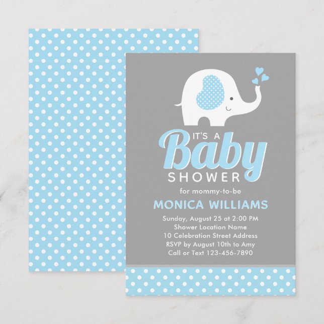 Cute Blue Gray Boy Baby Shower Invitation Elephant (Front/Back)
