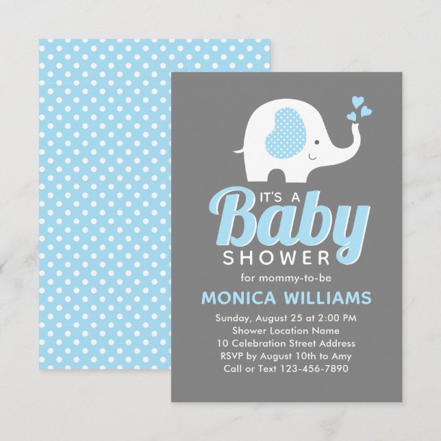 Cute Blue Gray Boy Elephant Baby Shower Invitation (Front/Back)