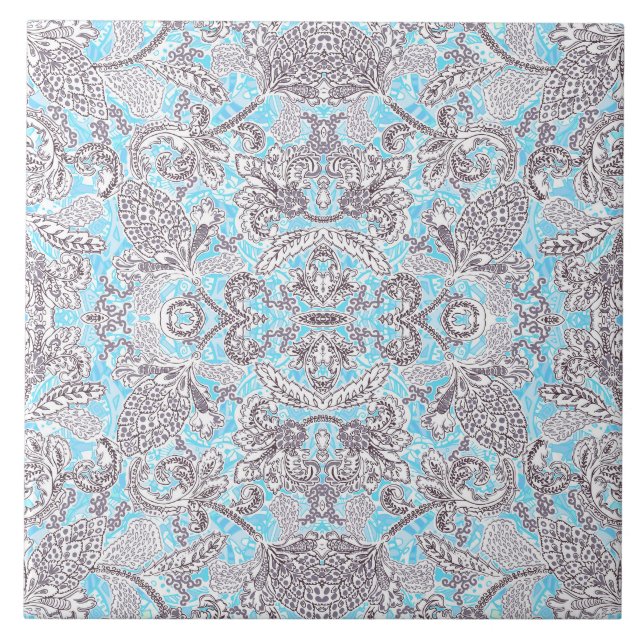 Cute blue gray classic floral ceramic tile (Front)