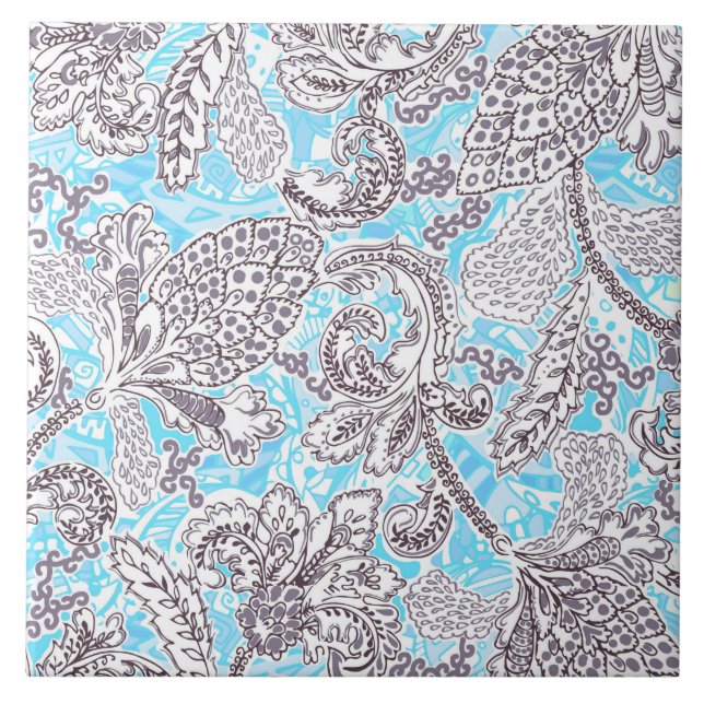 Cute blue gray classic floral ceramic tile (Front)