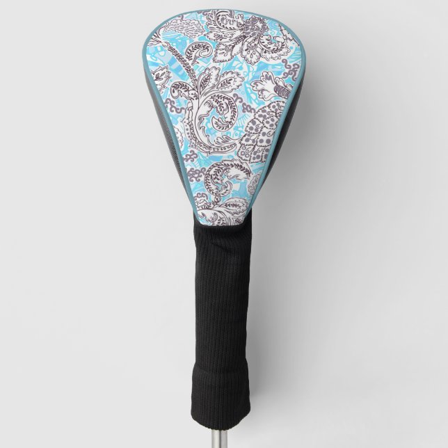 Cute blue gray classic floral golf head cover (Front)