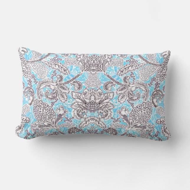 Cute blue gray classic floral lumbar pillow (Front)