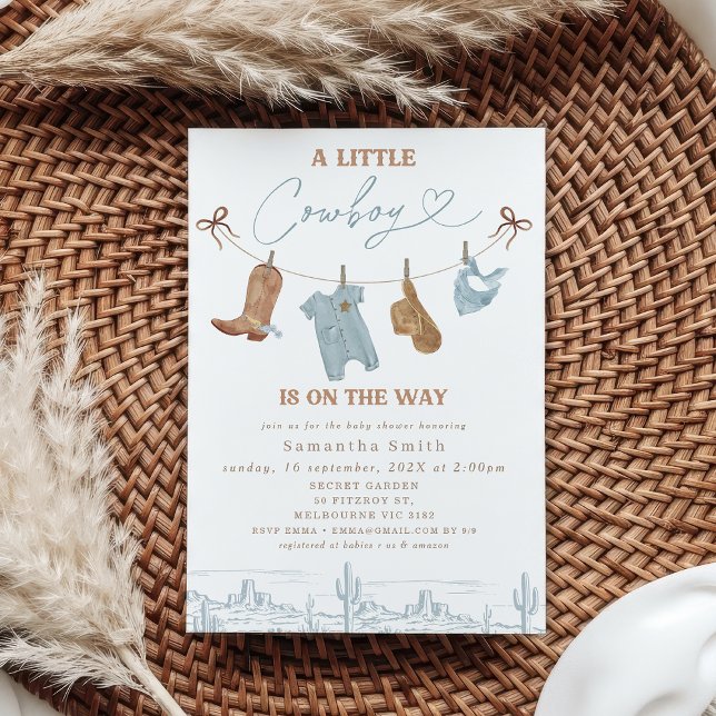 Cute Blue-gray Clothes Little Cowboy Baby Shower  Invitation (Little Cowboy Baby Shower Invitation Template, A Little Cowboy I s On The Way Baby Shower Invite)