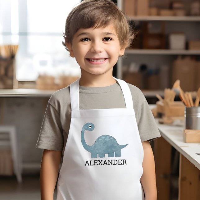 Cute Blue Gray Dinosaur Personalized Kids' Apron (Creator Uploaded)