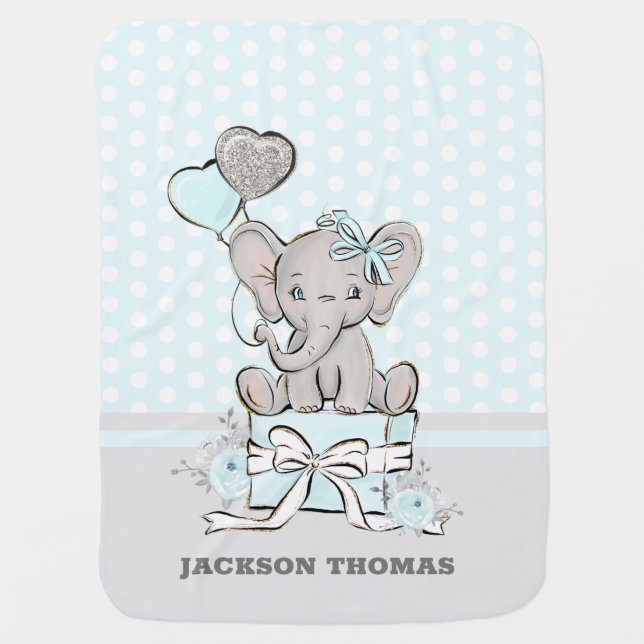 Cute Blue Gray Elephant Balloons Polka Dots Baby Blanket (Front)