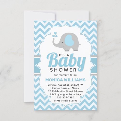 Cute Blue Gray Elephant Boy Baby Shower Invitation