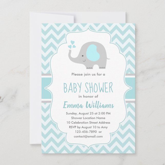 Cute Blue Gray Elephant Boy Baby Shower Invitation (Front)