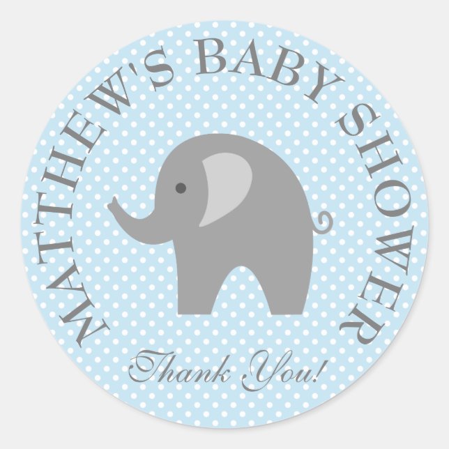 Cute blue gray elephant boys baby shower stickers (Front)