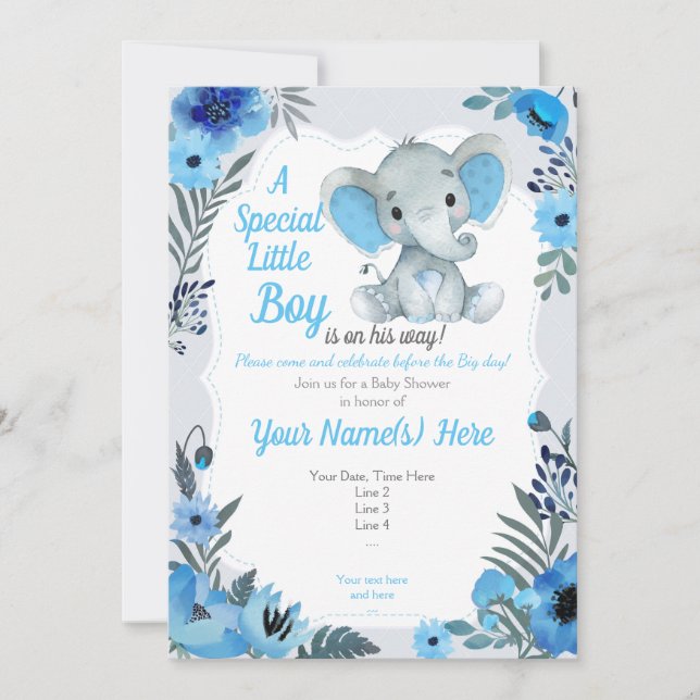 Cute Blue Gray Elephant Invitation Baby Shower (Front)