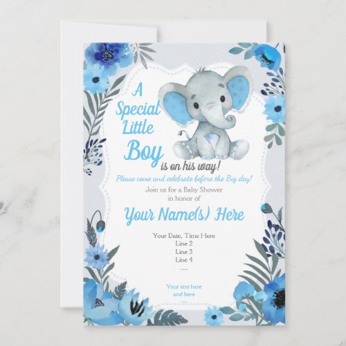 Cute Blue Gray Elephant Invitation Baby Shower
