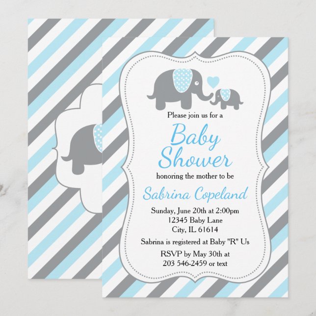 Cute Blue & Gray Stripe Elephant Baby Shower Invitation (Front/Back)