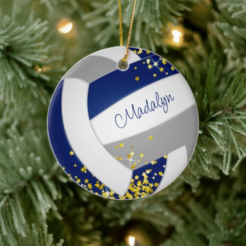 cute blue gray volleyball w gold stars ceramic ornament
