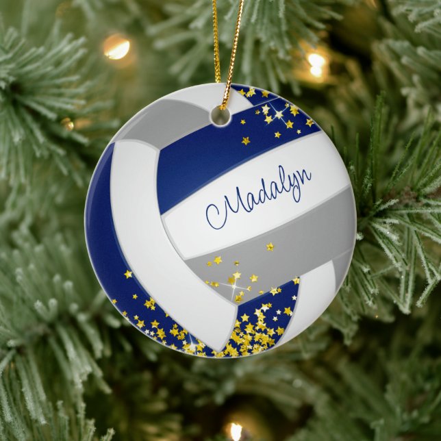 cute blue gray volleyball w gold stars ceramic ornament (Tree)