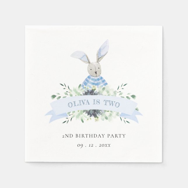 Cute Blue Green Bunny Foliage Any Age Birthday Napkins (Front)