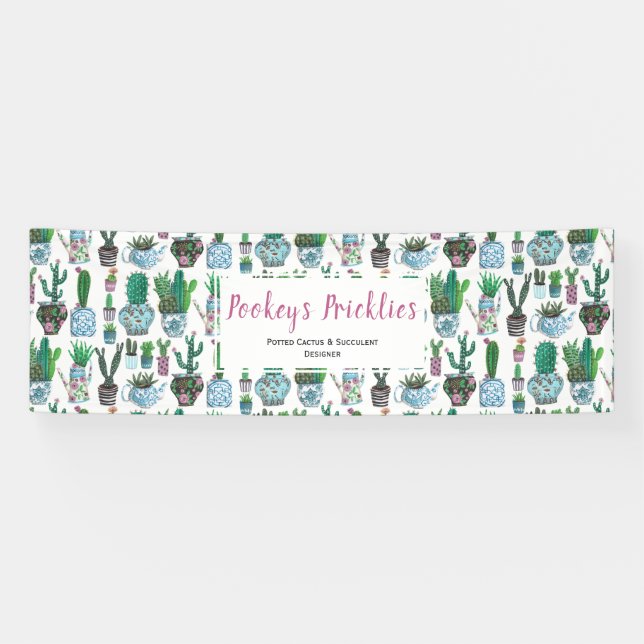 Cute blue & green cactus & succulent pots pattern banner (Horizontal)