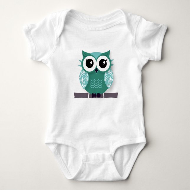 Cute blue green cartoon owl baby bodysuit (Front)