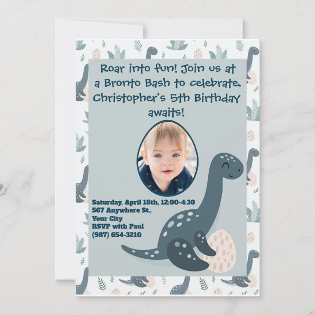 Cute Blue Green Dinosaur Custom Photo and Name Invitation (Front)