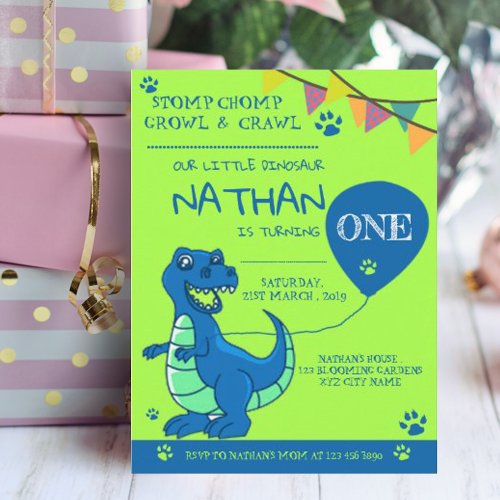 Cute Blue Green Dinosaur First Birthday Invitation Postcard