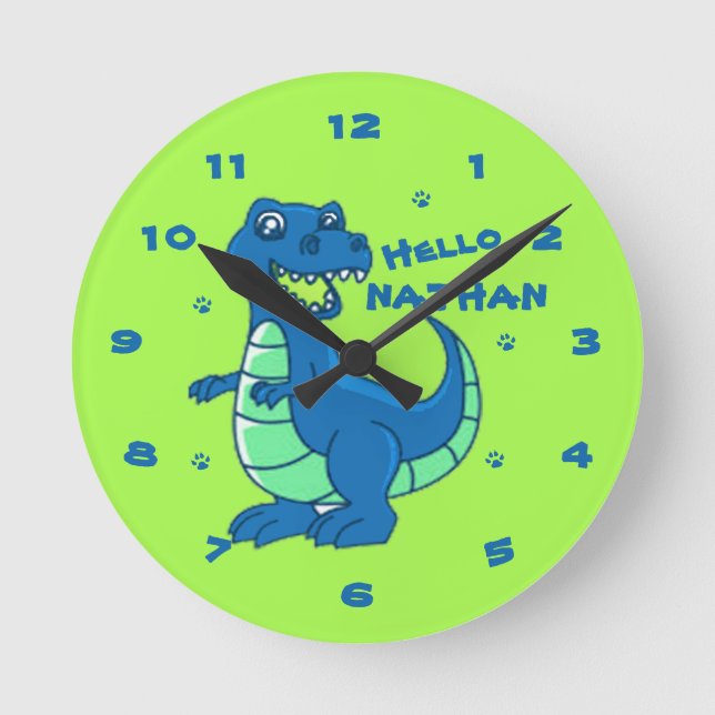 Cute Blue Green Dinosaur Hello Name Kids Round Clock (Front)