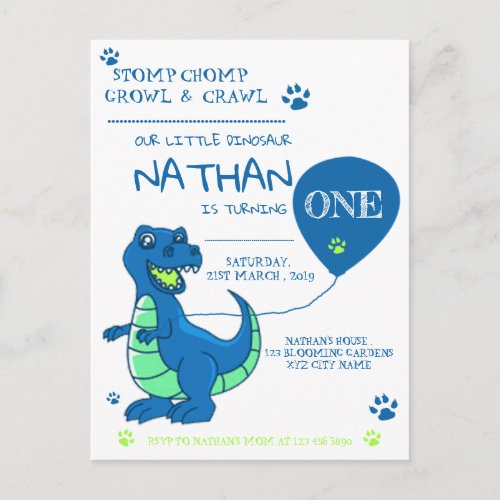 Cute Blue Green Dinosaur Themed Birthday Invitation Postcard