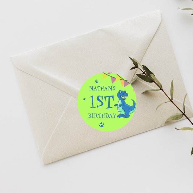 Cute Blue Green Dinosaur Themed Birthday Party Classic Round Sticker (Creator Uploaded)