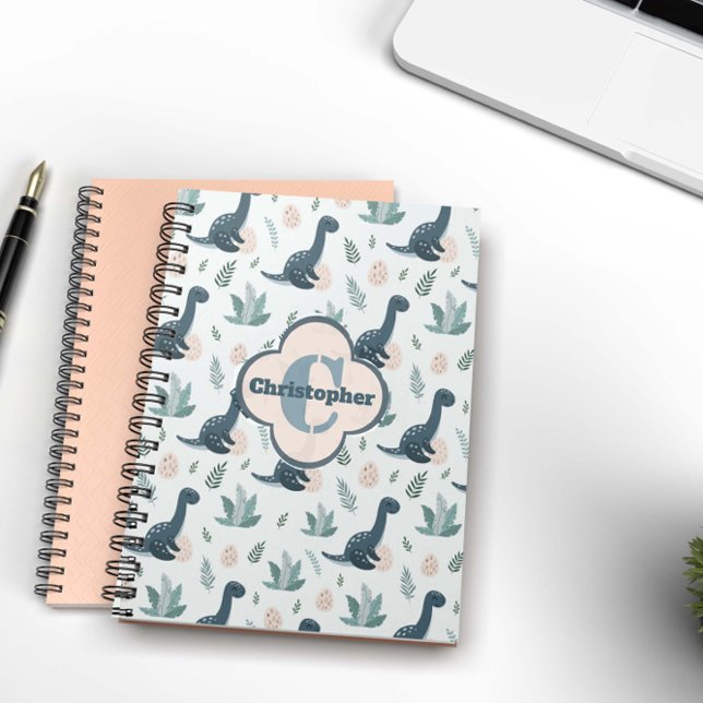 Cute Blue Green Dinosaur with Monogram and Name Notebook (Creator Uploaded)