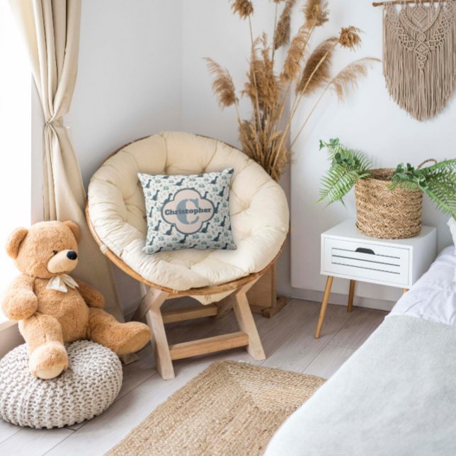 Cute Blue Green Dinosaur with Monogram and Name Throw Pillow (Creator Uploaded)