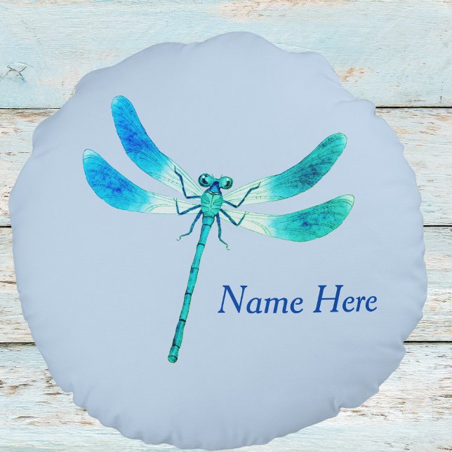 Cute Blue Green Dragonfly Monogram Name Round Pillow (Creator Uploaded)