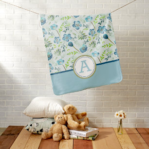 Cute Blue Green Floral Growth Tracker Milestone Baby Blanket
