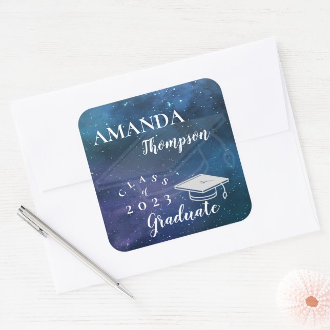 Cute Blue Green Galaxy Class Of 2023 Graduation Square Sticker (Envelope)
