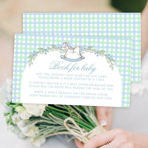 Cute blue green gingham book for baby boy shower enclosure card