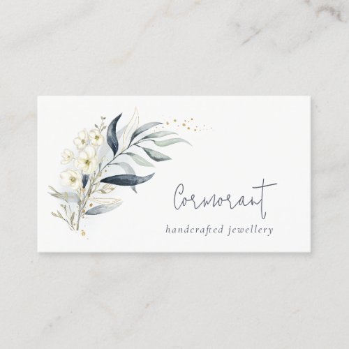 Cute Blue Green Gold Leafy Botanical Floral Bunch Business Card