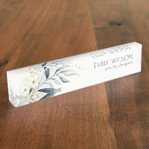 Cute Blue Green Gold Leafy Botanical Floral Bunch Desk Name Plate
