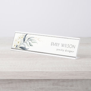Cute Blue Green Gold Leafy Botanical Floral Bunch Desk Name Plate