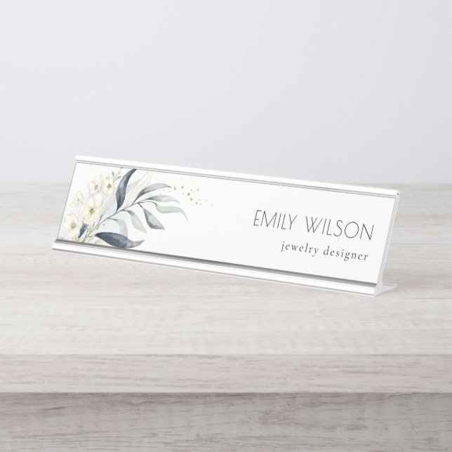 Cute Blue Green Gold Leafy Botanical Floral Bunch  Desk Name Plate (Front)