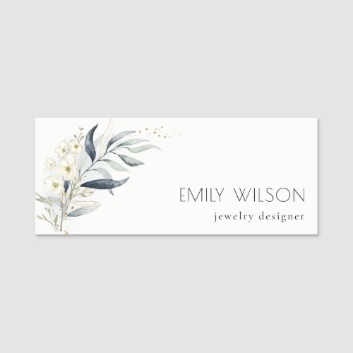 Cute Blue Green Gold Leafy Botanical Floral Bunch Name Tag