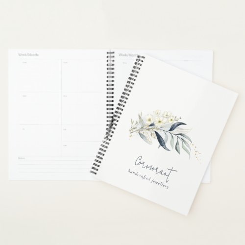 Cute Blue Green Gold Leafy Botanical Floral Bunch Planner
