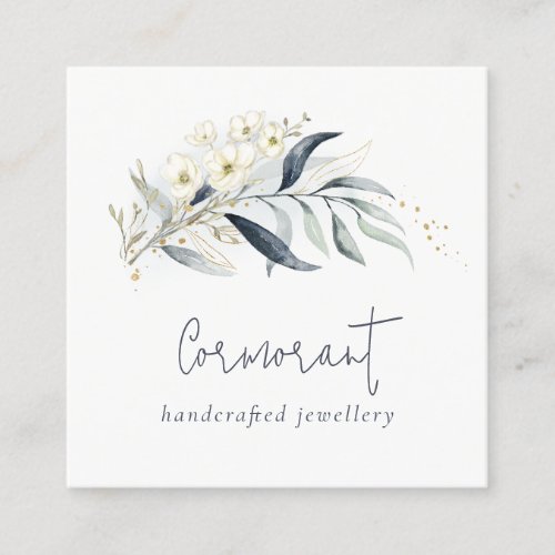 Cute Blue Green Gold Leafy Botanical Floral Bunch Square Business Card